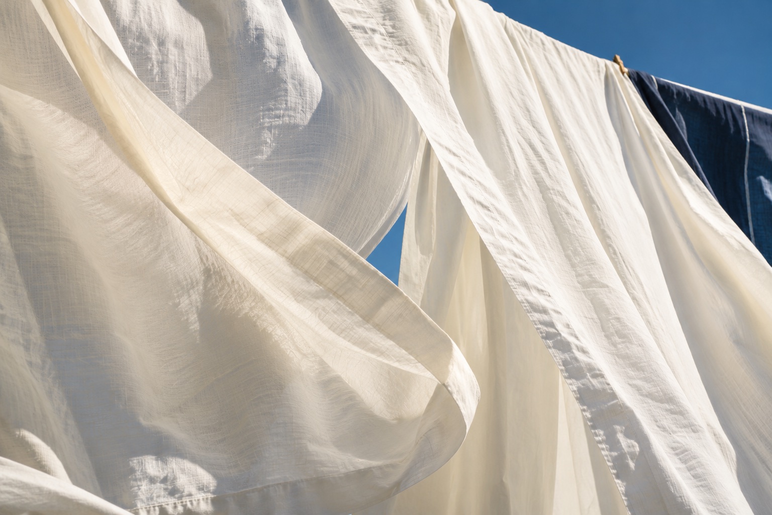 Sunlight passing through flowing cotton sheets, an illustrative laundry study
